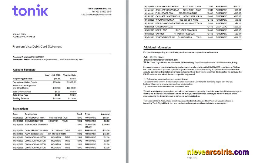 Philippines Tonik bank Premium Visa Debit Card statement Word and PDF scr, 2 pages